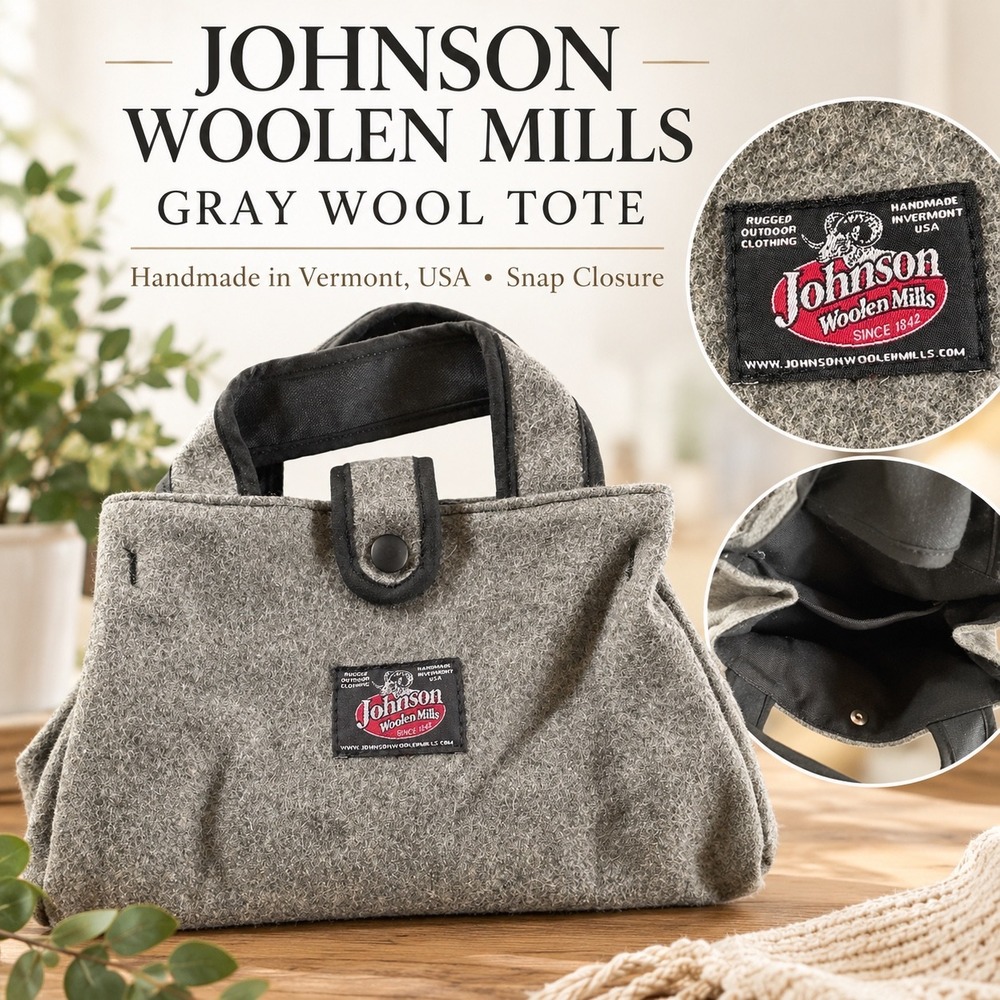Johnson Woolen Mills Gray Wool Handbag Tote Handmade in USA Vermont Snap Closure